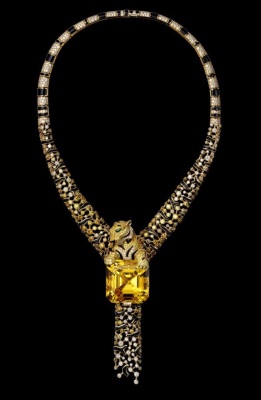 CARTIER-Collier-or jaune-béryl jaune-diamants jaunes-diamants bruns-émeraudes-onyx-diamants